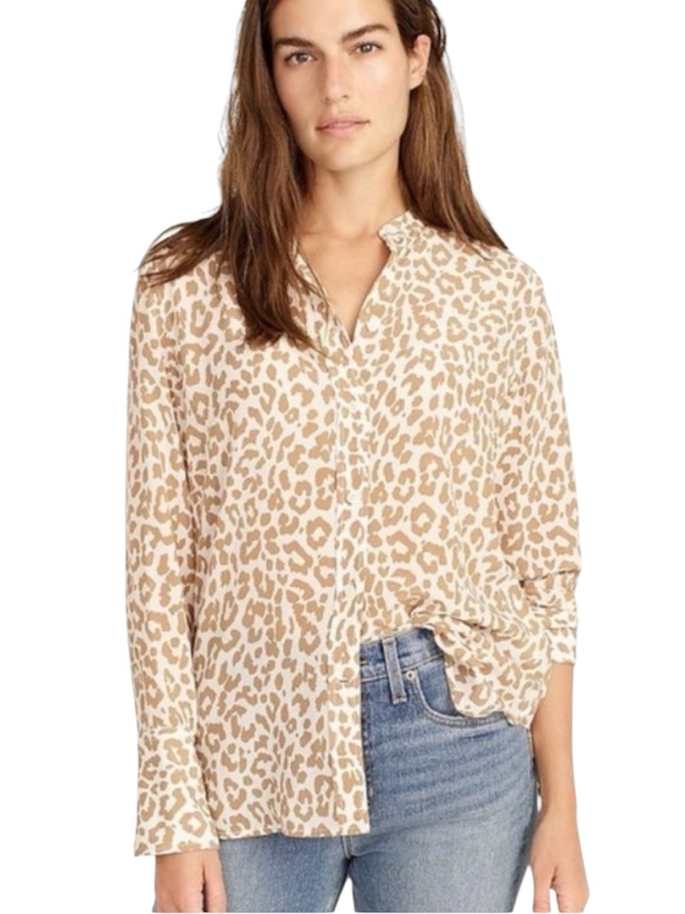 J Crew Silk Collarless Button Up Shirt Size 8 Classic Fit Leopard Print Classic